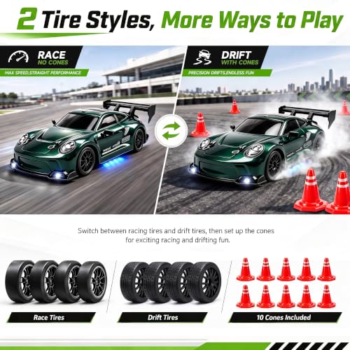 1:24 RC Drift Car, 20KM/H 4WD High Speed Remote Control Car with 2 Batteries, Extra Body Shell, Drift Tires, 10 Cones & LED Lights, 2.4GHz Racing Car Toy for Boys Girls.