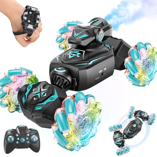 Gesture Sensing Remote Control Car, RC Cars Toys for Boys Age 6-12, 4WD Hand Controlled Twist & Transform 360° Spins Stunt Car with Mist, Light & Music, 8-10 Year Old Boys Birthday Gift Blue - color: Blue