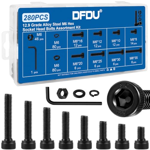 280PCS M6 Hex Socket Head Cap Screw Kit 12.9 Alloy Steel for DIY 3D RC | Black Zinc Plated Bolts and Nuts, Flat & Spring Washers, M6-1.0 x 8-35mm Machine Metric Fastener Set, High Tensile Strength - size: G12.9 M6 280PCS