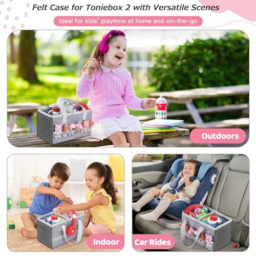 PISOSN Carrying Case for Toniebox Starter Set and Tonies Figurines, Travel Felt Cloth Musical Toy Folding Bag for Toniebox 2 & Accessories (Gray) - color: Gray