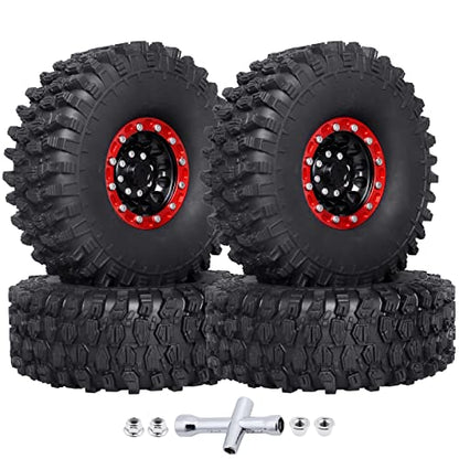 Hobbypark 1.9 Beadlock Wheel Rims Aluminum and 1.9 RC Crawler Tires 4.7 Inch Height Outer Diameter Foam Inserts for Traxxas TRX4 Axial SCX10 SCX10 II III Redcat Gen 8, Set of 4 (w/Red Rims)