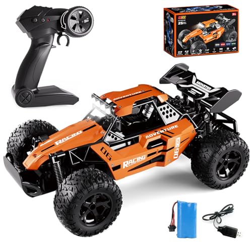 RC Monster Truck for Kids Ages 4–8, 1:12 Remote Control Car with Alloy Shell, 15.5 MPH (25KM/H) Fast Off Road Orange RC Car with 2 Speed Modes & LED Lights, 2.4GHz Easy Control Toy Gift for Boys