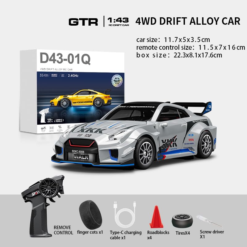 1/43 Scale RC Drift Car, 2.4G Full Proportional 4WD Remote Control Car with Gyro, Adjustable Speed & LED Lights, Alloy RC Vehicle for Adult