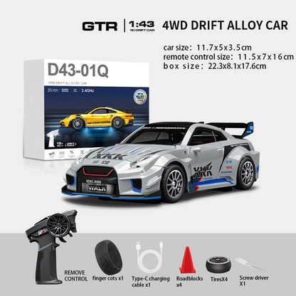 1/43 Scale RC Drift Car, 2.4G Full Proportional 4WD Remote Control Car with Gyro, Adjustable Speed & LED Lights, Alloy RC Vehicle for Adult
