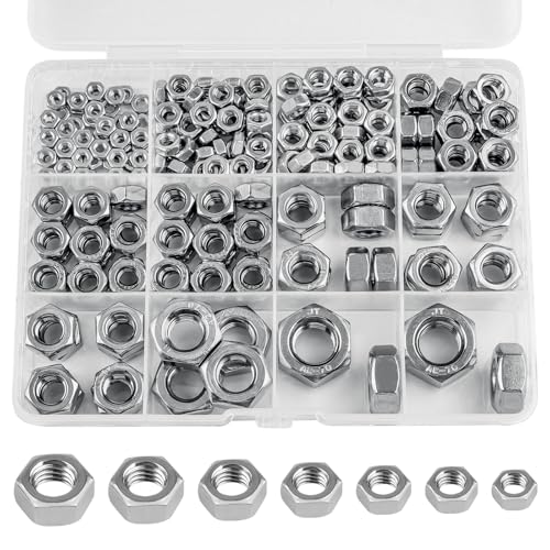 Metric Hex Nuts, 237 Pack 304 (A2-70) Stainless Steel Hardware Nuts | M3 M4 M5 M6 M8 M10 M12 Standard Inch Coarse Thread Nuts - color: Silver, size: Metric
