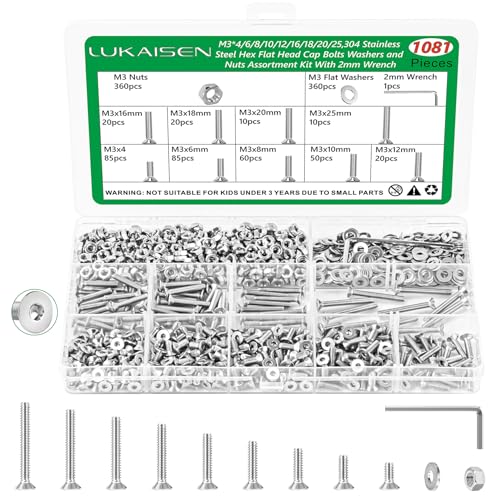 1081 Pcs M3 Flat Head Screws Nuts Washers Wrench Kit, 304 SS | with Washers & Wrench,for 3D Printing, PC Repair & DIY, M3 x 4/6/8/10/12/16/18/20/25mm,Clear Label Storage Box - size: SS M3 1081pcs 1