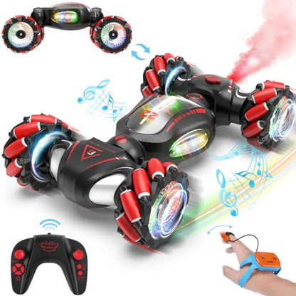Fosgoit Gesture Sensing RC Stunt Car Toys for 6-12 Boys Girls | Birthday Gifts for Kids 2.4Ghz 4WD Hand Controlled RC Car with Light & Music & Spray, Double-Sided 360° Rotating - color: Black Red