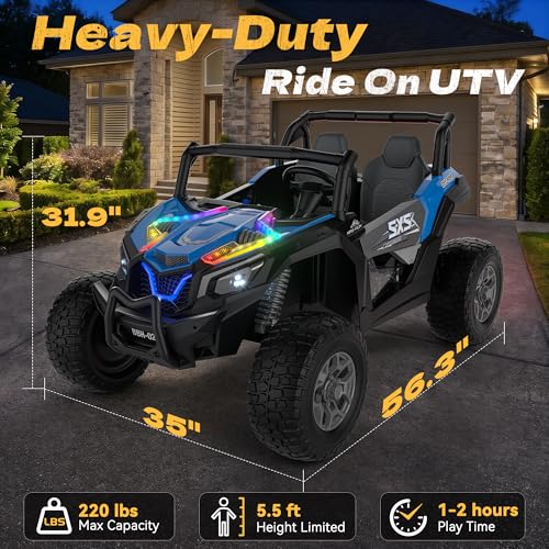 XXXL 4WD 24V Ride on Toys for Big Kids 3-14, Max 5.5Mph & 220 lbs Load,Blue | Adjustable 22” 2 seater ride on car for kids, 15" eva all-terrain tires, remote control, led lights, smooth shock absorbers - color: Blue