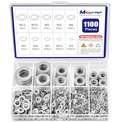 1100 Pcs Flat Washers Assortment Kit – 304 Stainless Steel, 9 Metric Sizes (M2–M12), Metal Washers for Screws and Bolts – Ideal for Automotive, Construction, Industrial, and DIY Use - color: Flat Washers-1100Pcs