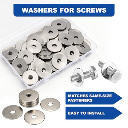 ZQZ 55Pcs 1/4" x 1-1/4" Flat Washers, 304 Stainless Steel Fender Washers, Standard Stainless Steel Washers for Screws - size: S-1/4" x 1-1/4"-55 Pieces