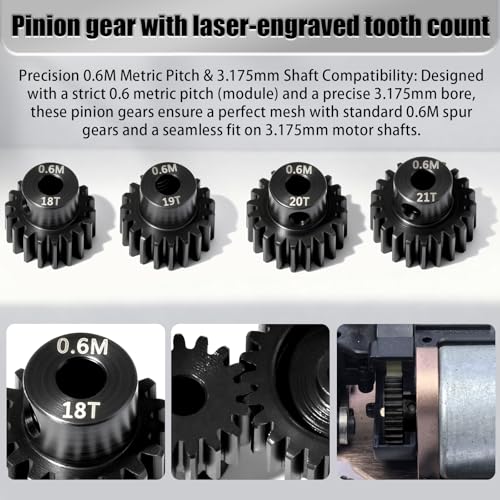 4Pcs 0.6M Hardened Steel Pinion Gear Set 3.175mm 18T 19T 20T 21T Motor Pinion Gear with M4 Screw and Hex Key, Fit 3.175mm (1/8-Inch) Shaft, for Arrma HPI Kyosho Losi Axial Traxxas Tamiya 1/10 RC Car - size: 0.6M-P-3.175mm-18-21T