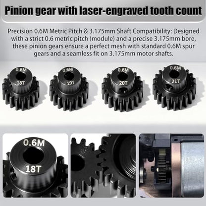 4Pcs 0.6M Hardened Steel Pinion Gear Set 3.175mm 18T 19T 20T 21T Motor Pinion Gear with M4 Screw and Hex Key, Fit 3.175mm (1/8-Inch) Shaft, for Arrma HPI Kyosho Losi Axial Traxxas Tamiya 1/10 RC Car - size: 0.6M-P-3.175mm-18-21T