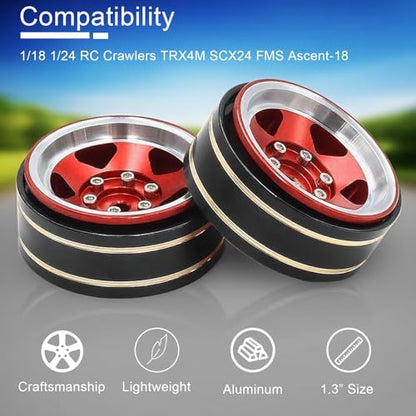 1.3 Beadlock Wheel - Aluminum & Brass Wheel Rims for TRX4M SCX24 1/18 1/24 | Brass Negative Offset 1.3” Wheel Hub Width 15mm OD 37mm with 7mm Hex Fit FMS Ascent-18 RC Car Off Road Tire, 4pcs (Red) - color: Red