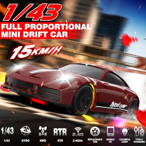1/43 RC Drift Car, Mini Drifting RC Car with Gyro 2.4GHz Full Proportional Drift Cars 4WD RTR Remote Control Cars with Colorful Lights High Speed Fast Racing Vehicle Gift for Kids Boys Adults - color: Red B