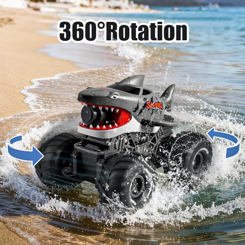BOBXIN Amphibious Remote Control Shark Toy Monster Truck Grey | Squirt Water All-Terrain Off-Road Waterproof 4WD 2.4Ghz RC Boat Car Pool Water Toys for Kids Age 6+ - color: Grey