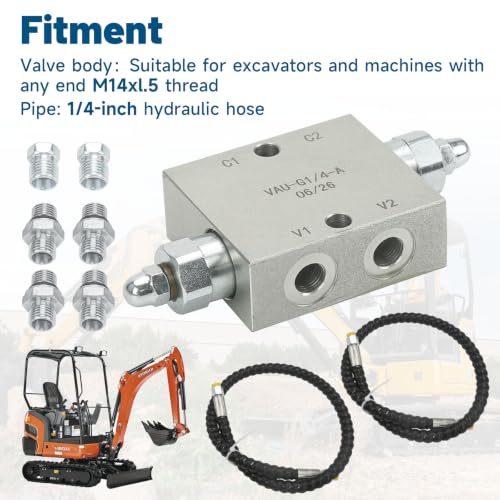 Mini Excavator Cushion Valve Kit | Compatible with Mini Excavator or Machine with 1/4" Hydraulic Hoses and M14 x 1.5 Threaded Ends - color: Silver 2