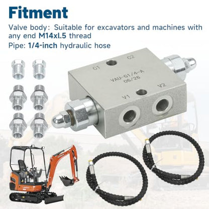 Mini Excavator Cushion Valve Kit | Compatible with Mini Excavator or Machine with 1/4" Hydraulic Hoses and M14 x 1.5 Threaded Ends - color: Silver 2