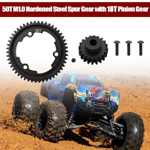 50T M1.0 Spur Gear+18T Pinion Gear Fits for Traxxas 1/10 Maxx 1/5 X-Maxx | Hot Racing Hardened Steel Spur Gear RC Cars Spare Parts Fits Traxxas 1/10 E-REVO 2.0 VXL 1/7 XO-1