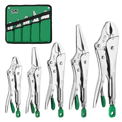 SK 5-Piece Locking Pliers Set, Long Nose & Curved Jaw Vice Grips | Vise Grip Pliers, Premium CR-V Steel, Ergonomic Anti-slip Handle, Ideal for Welding or Assembly, with Rolling Pouch - size: 5-Piece