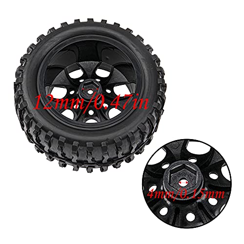 12mm Hub 4.64 inch OD Rubber Tires & Wheel Rim with Foam for 1/10 Scale Traxxas Slash HPI HSP Volcano ExceedRC Infinitive Off-Road Car Monster Truck (Style 2), Black - style: Style 2
