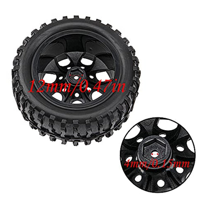 12mm Hub 4.64 inch OD Rubber Tires & Wheel Rim with Foam for 1/10 Scale Traxxas Slash HPI HSP Volcano ExceedRC Infinitive Off-Road Car Monster Truck (Style 2), Black - style: Style 2