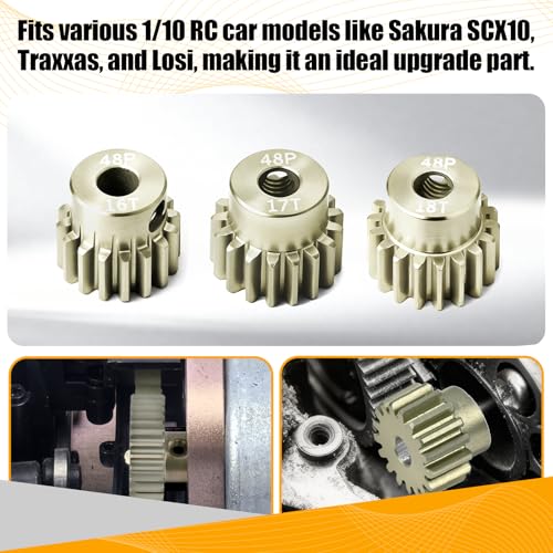 3PCS 48P Pinion Gear Set 7075 Aluminum Alloy 3.175mm Shaft 16T 17T 18T with Screws & Hex for 1/10 RC Arrma Traxxas HPI Sakura Losi Axial SCX10 Tamiya Monster Truck Buggy Motor Gears Upgrade - size: 16 17 18T
