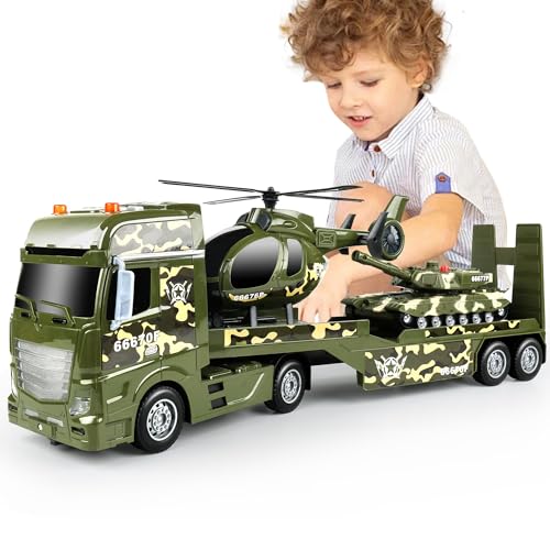 Dwi Dowellin Green Military Big Truck Toys,25.6" Semi Truck Toy with Helicopters and Tank,Army Toys with Lights & Sounds,Birthday Gift for 2 3 4 5 Years Old Boys and Girls - style: Army Truck