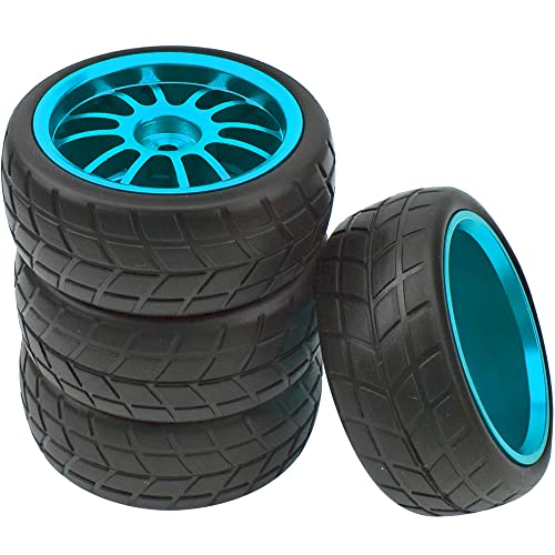 OD 2.55" Rubber Tires & Metal Wheel Rims 12mm Hex Hub Compatible with HSP Tamiya HPI Kyosho 1/10 On-Road Touring Car WLtoys 1/14 144001 Traxxas 1/16 Slash 1/18 A959B RC Buggy (Blue) - color: Blue