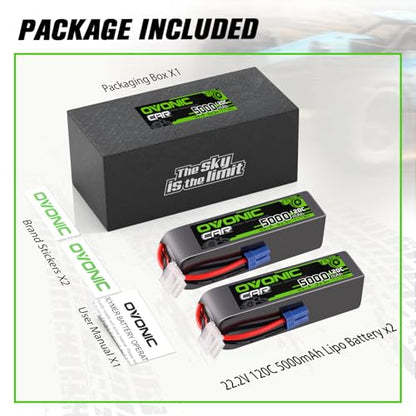 OVONIC 6S LiPo Battery 22.2V 5000mAh 120C with EC5 Plug for RC Car RC Truck Airplane Helicopter Boat Car Racing RC Hobby (2 Packs)