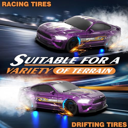 RC Drift Car 1/43 Scale Mini RC Drift Cars with Gyro, 4WD Full Proporitonal High Speed Remote Control Car with LED Lights and Drifting Tire Hobby Racing Cars for Kids Boys Girls, Purple - color: Purple