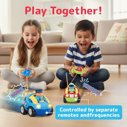PREXTEX 2 Pack Cartoon Remote Control Cars for Toddlers - Police Car and Race Car with Steering Wheel Controllers and Lights - Different Frequencies Racing Together - Easter Toddler Gift 18+ Months. - style: Police/Race Car