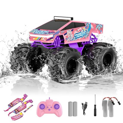 Remote Control Car for Girls,1:18 Pink Monster Truck Toys Amphibious RC Cars, 2.4 GHz Waterproof RC Trucks, 4WD All Terrain Off-Road Pickup, Girls Toys for 6-12 Year Old Kids Christmas Birthday Gifts - color: Light Pink