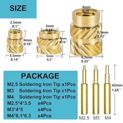 QSJ 12pcs M2.5 M3 M4 Threaded Inserts with 3 Size Soldering Iron Tips Heat Set Insert Tip Brass Nut for 3D Printed Plastic Parts - size: (12pcs) M2.5, M3, M4