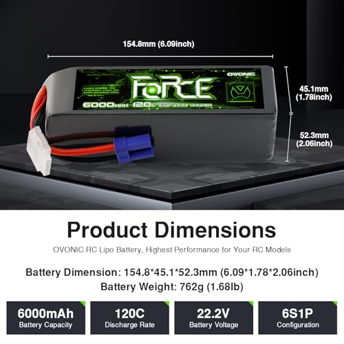 OVONIC 2-Pack Force 6S 6000mAh 120C 22.2V LiPo Battery w/ EC5 Plug & Checker for Arrma Outcast, 90mm EDF Jet & Long Flight