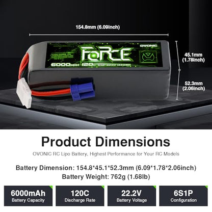 OVONIC 2-Pack Force 6S 6000mAh 120C 22.2V LiPo Battery w/ EC5 Plug & Checker for Arrma Outcast, 90mm EDF Jet & Long Flight