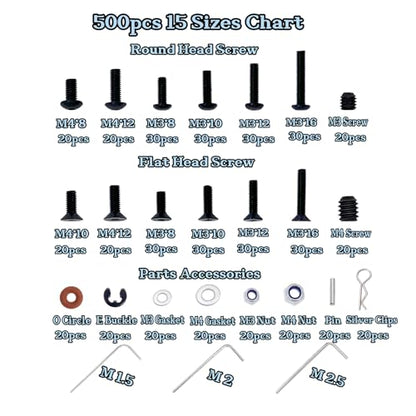 500pcs RC Screws Kit,RC Screws for Traxxas Arrma Axial Redcat HPS SCX10 1/8 1/10 1/12 1/16 Scale RC Cars Trucks Crawler, Screws Assortment Set, Hardware Fasteners (500pcs RC Screw Kit) - style: 500pcs RC Screw Kit