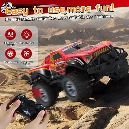 Remote Control Cool Off-Road Vehicle Truck, 2.4GHz RC Car with LED Lights, 1:20 Scale Off-Road Vehicle, Red RC Truck,Remote Control car from a Long Distance,Gifts for Children (RED) - color: Red
