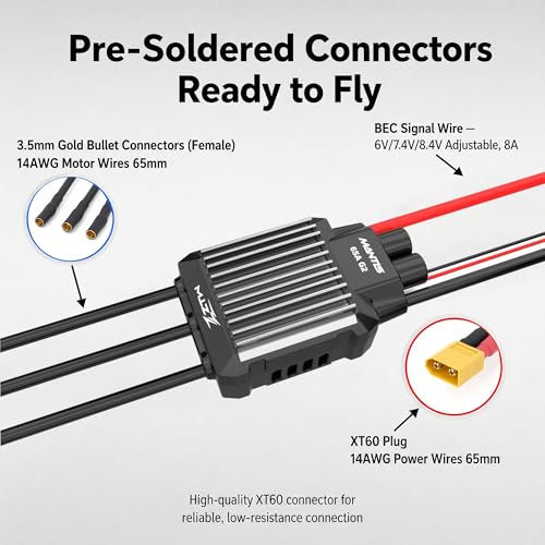 ZTW Mantis G2 65A Brushless ESC 3-6S LiPo/LiHV, 8A Adjustable SBEC 6V/7.4V/8.4V, Programmable RC Airplane Speed Controller with XT60 and 3.5mm Connectors for Fixed-Wing EDF Jets