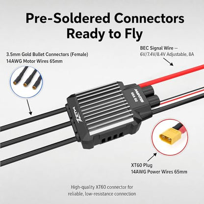 ZTW Mantis G2 65A Brushless ESC 3-6S LiPo/LiHV, 8A Adjustable SBEC 6V/7.4V/8.4V, Programmable RC Airplane Speed Controller with XT60 and 3.5mm Connectors for Fixed-Wing EDF Jets