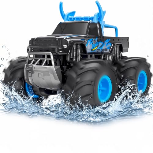 Remote Control Car for Kids, Waterproof RC Monster Truck with Gesture Band | All Terrain Waterproof RC Car Drives on Land and Water with 4WD, LED Lights, Spray, 360° Stunts, Tracks and 50+ Min Play - color: Blue