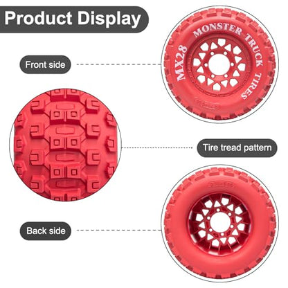 LRFHL MX28 F/R 2.8" RC Monster Truck Tires and Wheels 4PCS, Red | 12mm/14mm Hex Adapter, 1/10 RC Monster Truck, Compatible with Traxxas Stampede Rustler Redcat Arrma Vorteks Big Rock Granite - color: Red Tires+ Red Wheel-7