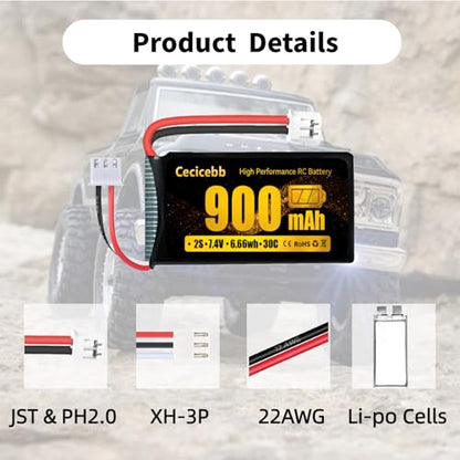 SCX24 Battery 7.4V 900mAh Li-Po Battery with PH2.0 Plug for SCX24 RC Car Most 1/10, 1/16, 1/18, 1/24 Scale RC Trucks with Charger Cable