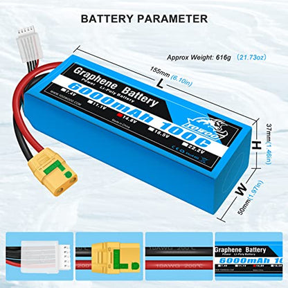 YOWOO 4S Lipo Battery 6000mAh 14.8V 100C XT90-S | metal plates for durability. Fits 1/8 RC cars: Slash, X-Maxx, Arrma Kraton/Typhon/Talion/Outcast/Infraction 8S & RC boats.
