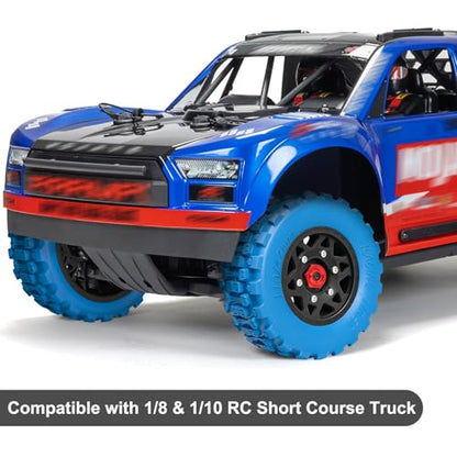 LRFHL 1/10 RC Short Course Truck Tires with 12mm 14mm 17mm Hex, 4PCS | Pre-Glued, RC Off-Road Short Truck Tires, for 1/8 1/10 Arrma Senton Traxxas Slash 2WD Axial Losi Redcat - color: Blue Tires+ Black Wheels