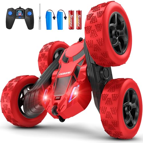 cosone Remote Control Car for Boys - Car Toy for Kids Age 6 7 8 9, 4WD 2.4Ghz Double Sided 360° Rotating RC Cars with Headlights, Christmas Birthday for Boys and Girls - Red - color: Red