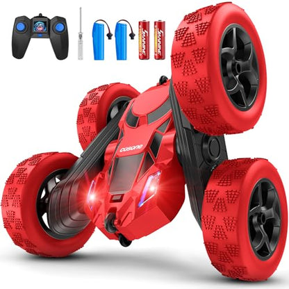 cosone Remote Control Car for Boys - Car Toy for Kids Age 6 7 8 9, 4WD 2.4Ghz Double Sided 360° Rotating RC Cars with Headlights, Christmas Birthday for Boys and Girls - Red - color: Red