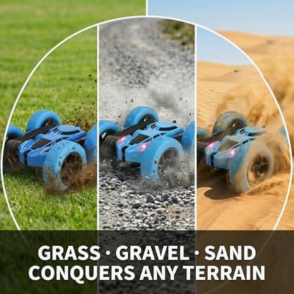 2.4GHz RC Stunt Car 4WD Double Sided Rollover Blue | TRP Tires for All Terrain, 360° Spin & Drift, 60 Min Total Play with 2 Batteries, USB-C Fast Charging, Gift for Teens Adults - color: Blue-standard
