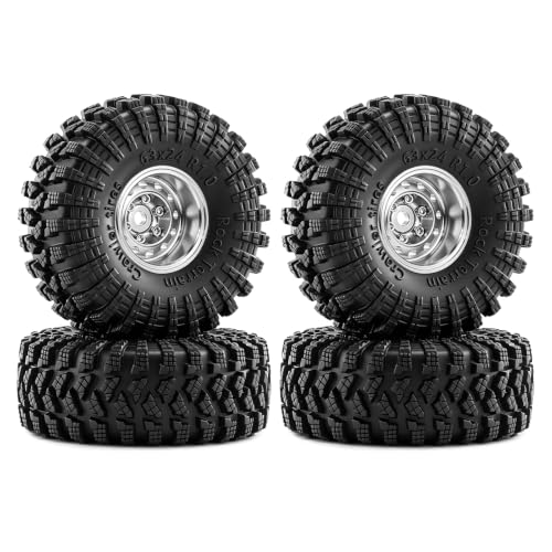 1.0" Beadlock Aluminum Wheels and 63mm Soft Rubber Tires | for SCX24, TRX4M, Ascent 18, FCX24, 1/18 1/24 RC Crawler, 7mm Hex, 0mm Offset, with Foam Inserts, (Silver) - color: Silver