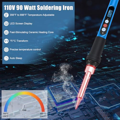 Soldering Iron Kit,90W 110V Fast Heat with Ceramic Heater Solder Pen | 10 in 1 Soldering Gun Kit with LCD Digital, Adjustable Temp, Auto Sleep Mode for Metal, Electric Repairs, DIY Welding Tool - color: Blue