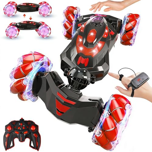 Gesture Sensing RC Stunt Car,Remote Control Car Toys for Ages 4-12 | Drift cars with Lights Music ,4WD 360° Spins All Terrains Kids Toys RC Cars, Best Birthday Gift for 4-12 Kids - color: Red